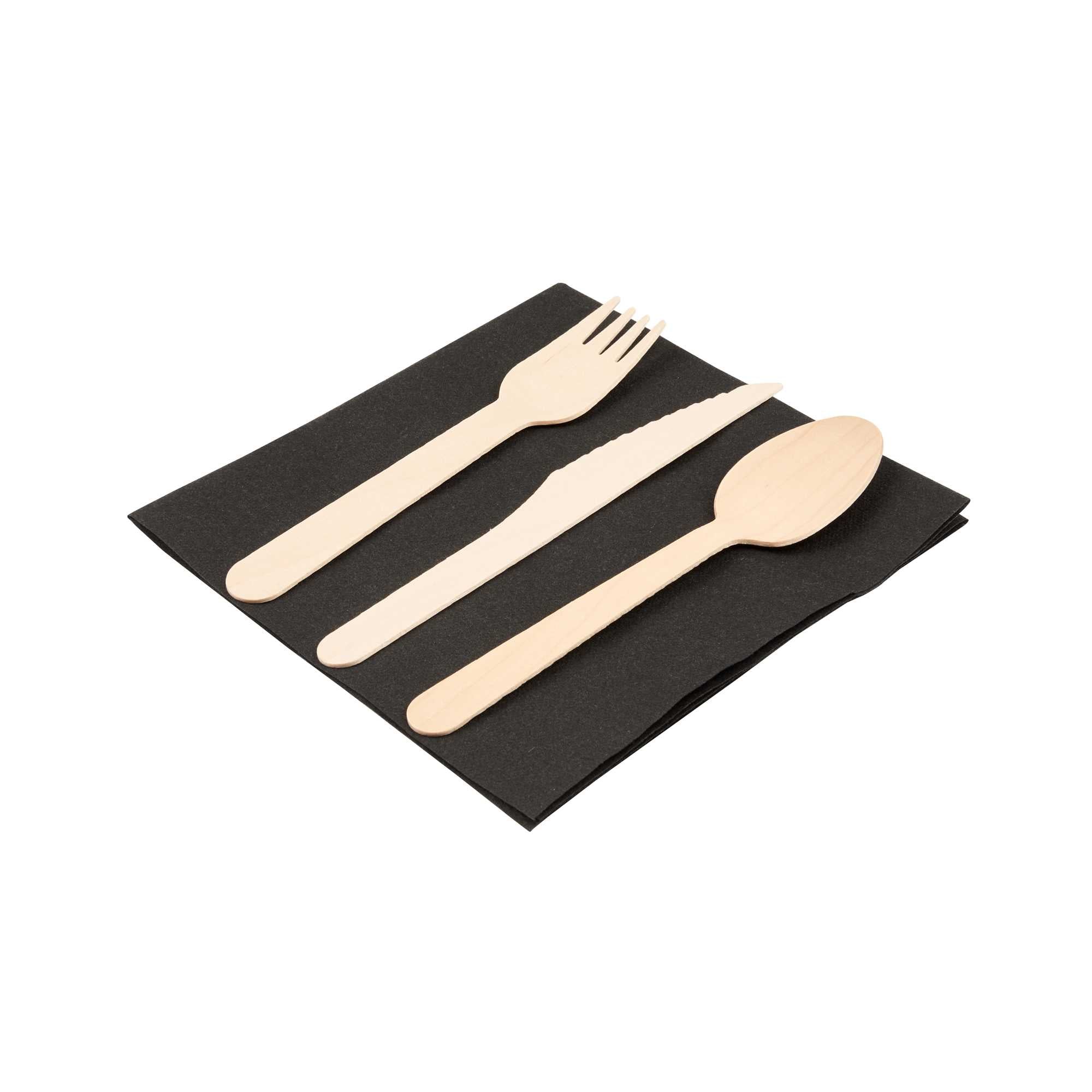 Eco Luxe Natural Wood Flatware Kit - Tied with Twine, with Black Napkin - 6 1/2" x 1 1/2" x 1/2" - 100 count box