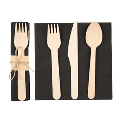 Eco Luxe Natural Wood Flatware Kit - Tied with Twine, with Black Napkin - 6 1/2