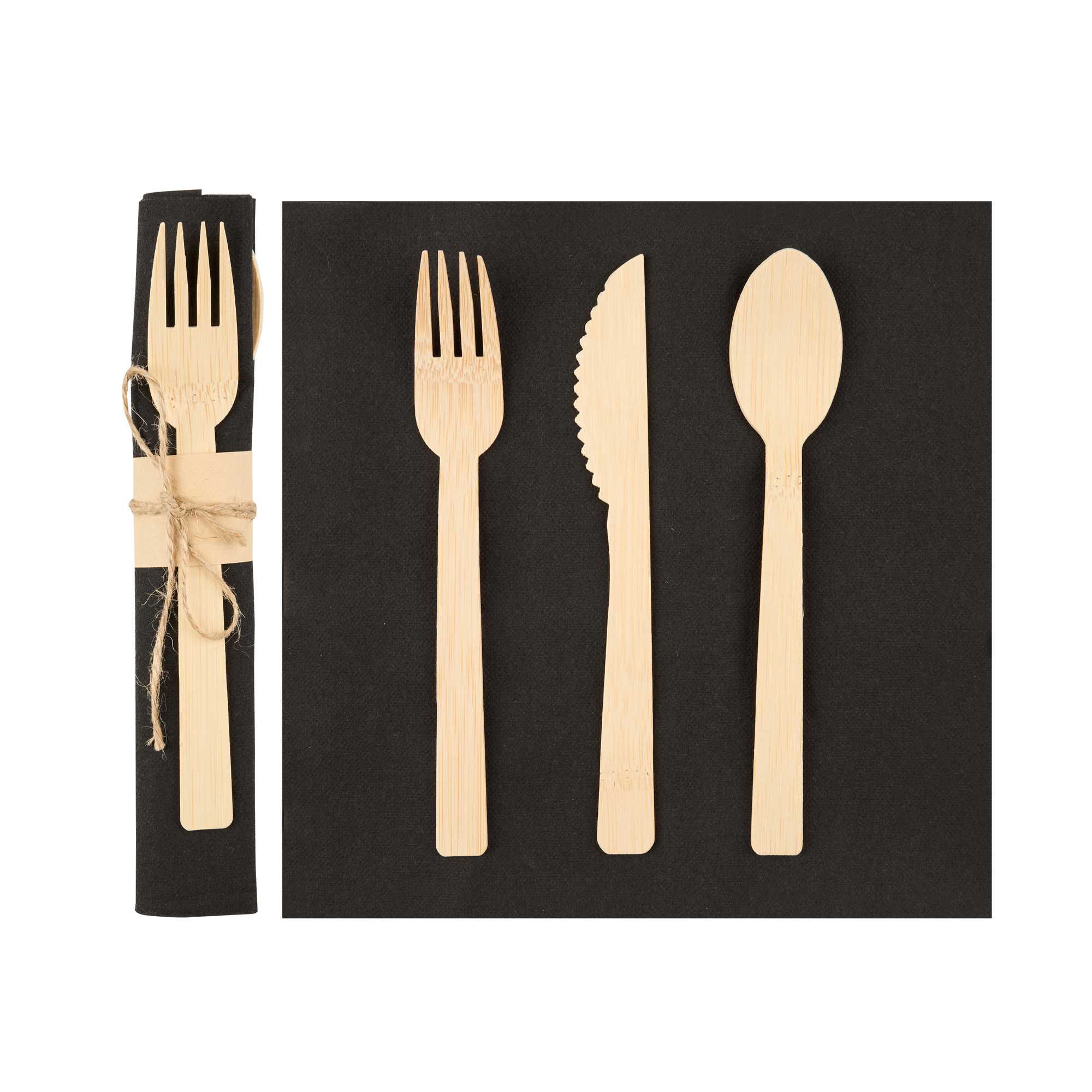 Eco Luxe Natural Bamboo Flatware Set - with Black Napkin - 6 3/4" x 3 1/4" x 3/4" - 100 count box