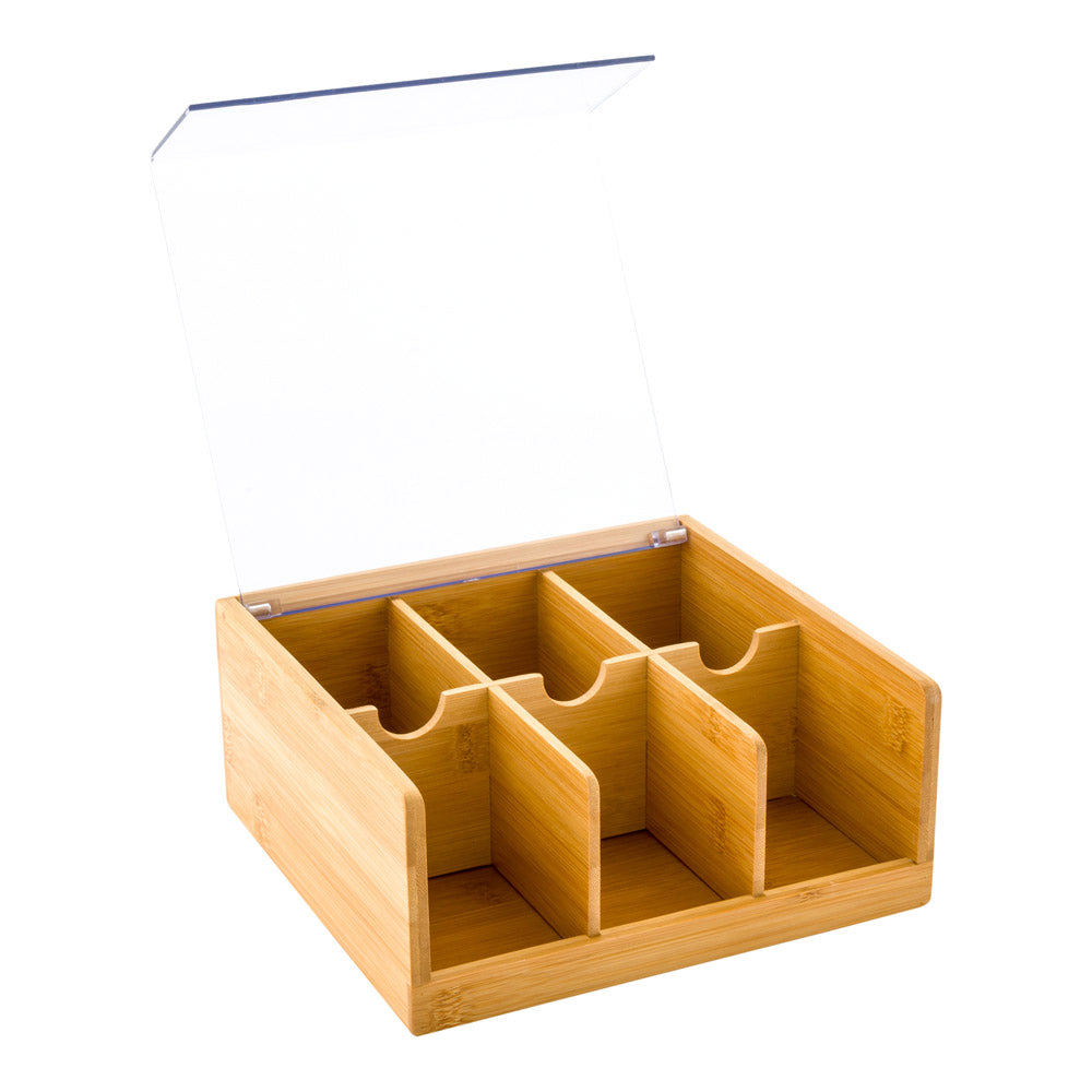 Restpresso Natural Bamboo Tea Organizer - 6 Compartments, with Plastic Cover - 8 1/2" x 8" x 3 1/2" - 1 count box