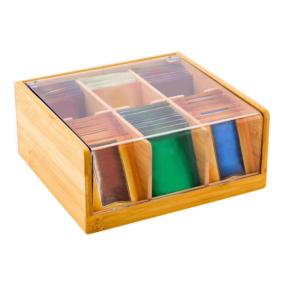 Restpresso Natural Bamboo Tea Organizer - 6 Compartments, with Plastic Cover - 8 1/2" x 8" x 3 1/2" - 1 count box