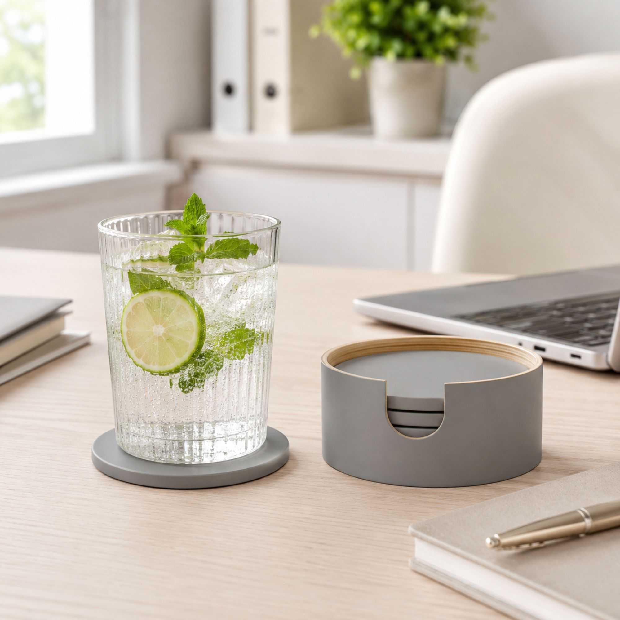 Bambuddha Gray Bamboo 6-Piece Coaster Set - with Bamboo Holder - 4" x 4" x 1/4" - 30 count box