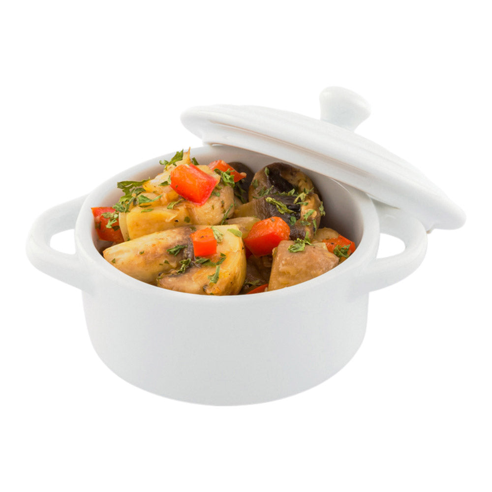 Chef 101 3 oz Round White Porcelain Mini Cocotte - 4 1/4" x 3" x 2 1/2" - 10 count box