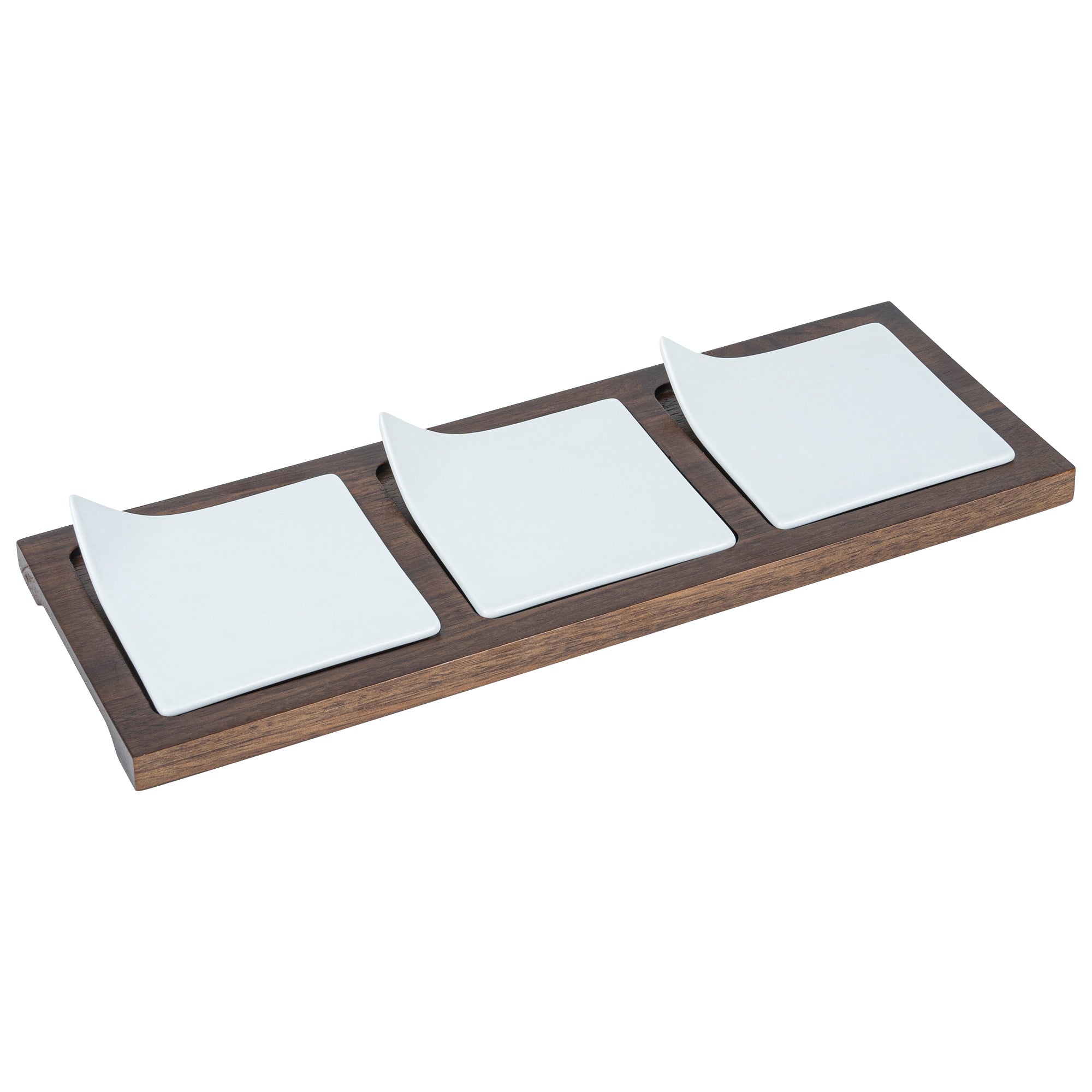 Chef 101 Rectangle White Porcelain Modern Flat Plate Set - 3 Plates, Bamboo Tray - 14 1/4" x 5" x 1 1/2" - 1 count box
