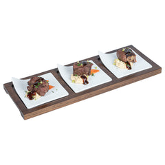 Chef 101 Rectangle White Porcelain Modern Flat Plate Set - 3 Plates, Bamboo Tray - 14 1/4
