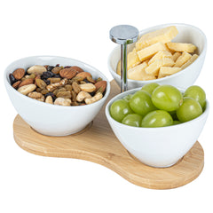 Chef 101 15 oz Rectangle White Porcelain Incline Bowl Set - 3 Bowls, Bamboo Tray - 8 3/4