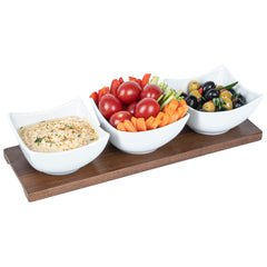 Chef 101 15 oz Rectangle White Porcelain Cocktail Bowl Set - 3 Bowls, Bamboo Tray - 12