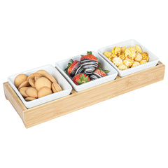 Chef 101 6 oz Rectangle White Porcelain Modern Bowl Set - 3 Bowls, Bamboo Tray - 11 3/4