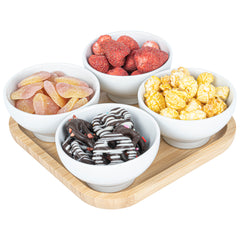 Chef 101 20 oz Rectangle White Porcelain Coppa Bowl Set - 4 Bowls, Bamboo Tray - 7