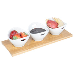 Chef 101 6 oz Rectangle White Porcelain Basket Bowl Set - 3 Bowls, Bamboo Tray - 11 3/4