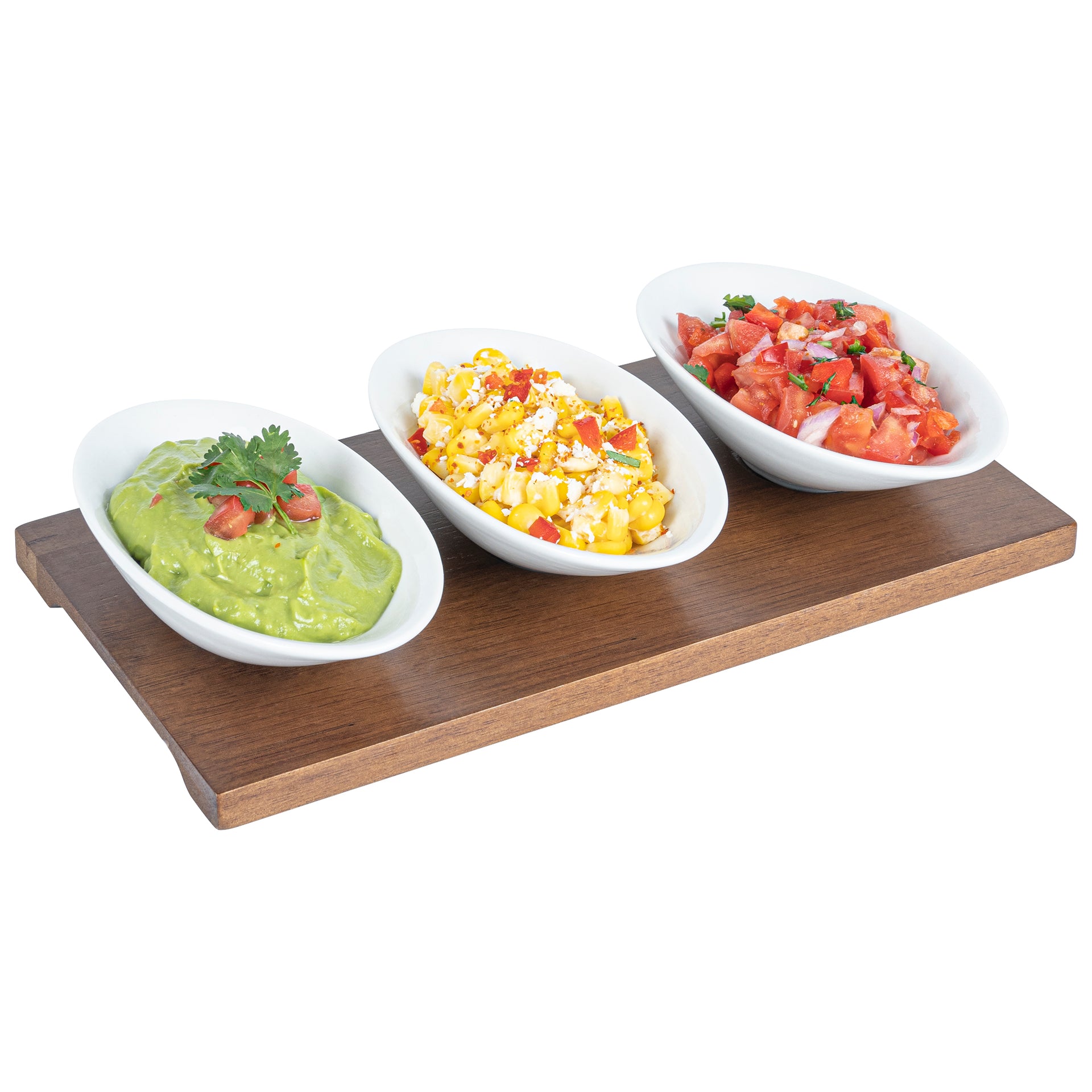 Chef 101 9 oz Rectangle White Porcelain Ellipse Bowl Set - 3 Bowls, Bamboo Tray - 10 1/4" x 5 1/2" x 1 1/2" - 1 count box