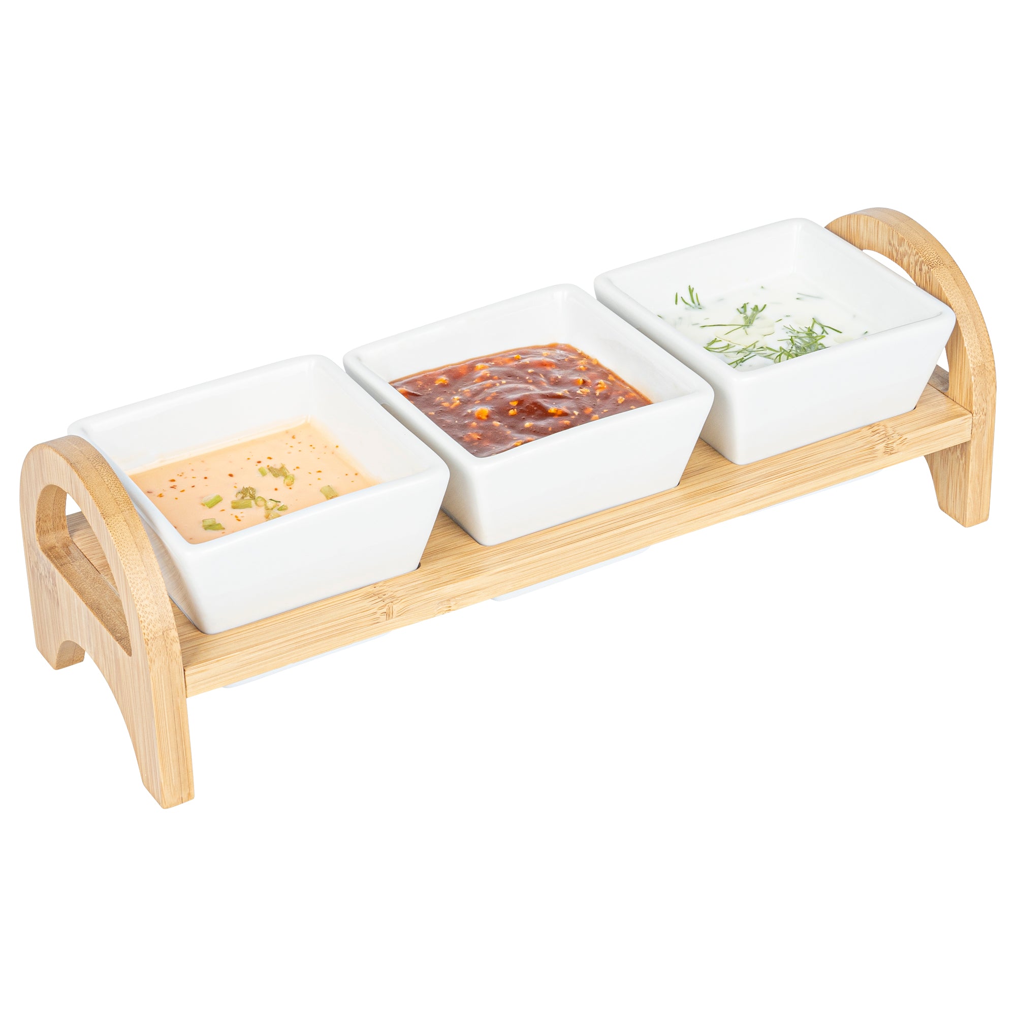 Chef 101 21 oz Rectangle White Porcelain Kova Bowl Set - 3 Bowls, Bamboo Tray - 12" x 3 3/4" x 3 1/2" - 1 count box