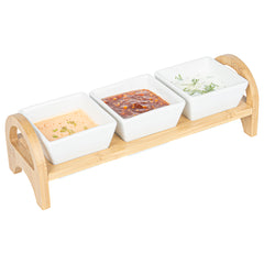 Chef 101 21 oz Rectangle White Porcelain Kova Bowl Set - 3 Bowls, Bamboo Tray - 12