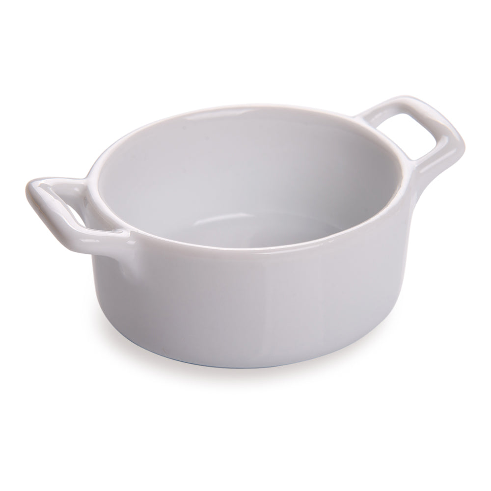 Chef 101 5 oz Oval White Porcelain Mini Oval Casserole Dish - 4" x 2 3/4" x 1 1/2" - 10 count box