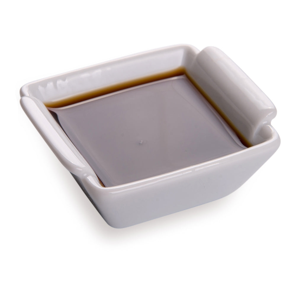 Chef 101 1 oz Square White Porcelain Mini Lipped Handle Bowl - 2 1/2" x 2 1/2" x 1" - 10 count box