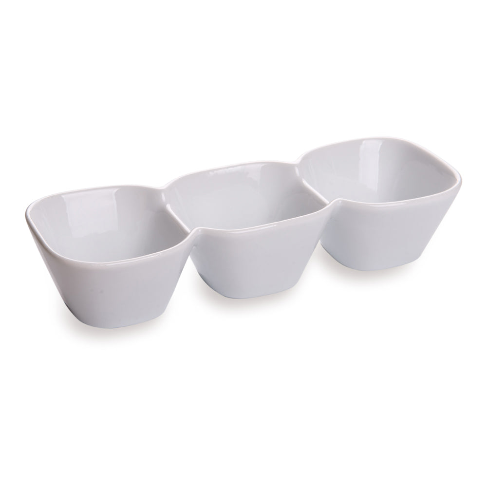 Chef 101 18 oz Square White Porcelain Triplets Convex Bowl Set - 9 1/2" x 3 1/2" x 2" - 1 count box