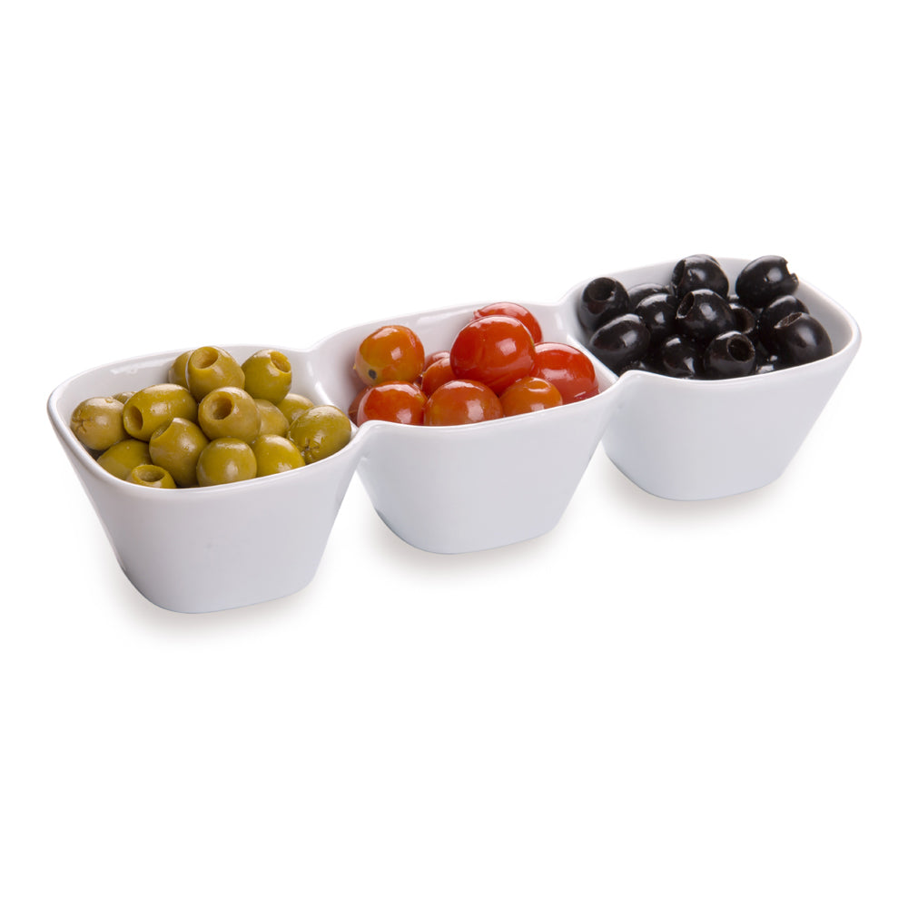 Chef 101 18 oz Square White Porcelain Triplets Convex Bowl Set - 9 1/2" x 3 1/2" x 2" - 1 count box