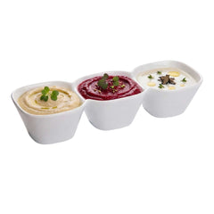 Chef 101 18 oz Square White Porcelain Triplets Convex Bowl Set - 9 1/2