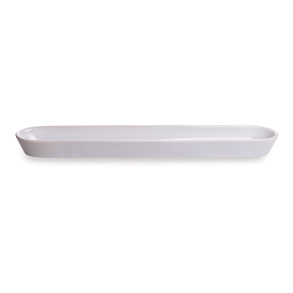 Chef 101 Siluro 14 oz White Porcelain Olive Plate - 16 1/4" x 2 1/4" x 1 1/2" - 1 count box