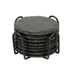 Stone Tek Round Black Slate Coaster - with Iron Holder - 4