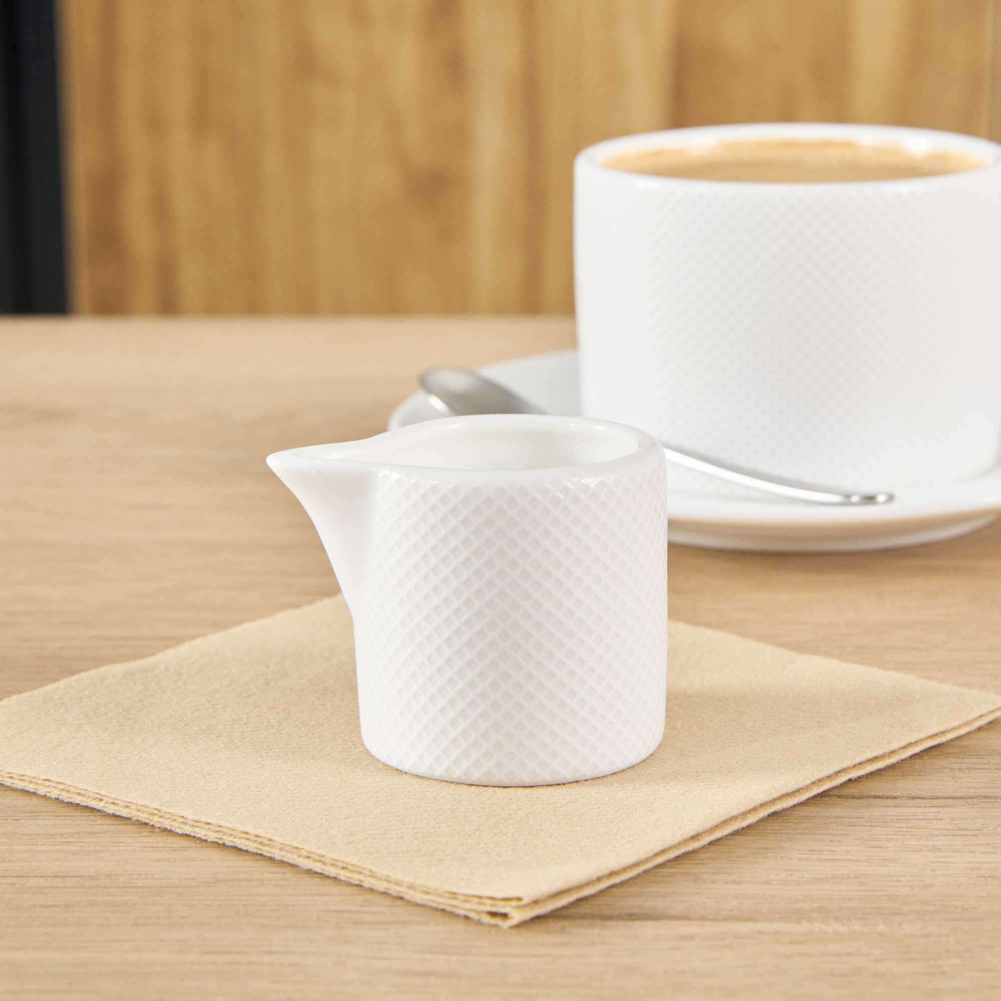 German Standard 2 oz Beige Mesh Embossed Porcelain Creamer - 1 3/4" x 1 3/4" x 2 1/4" - 12 count box