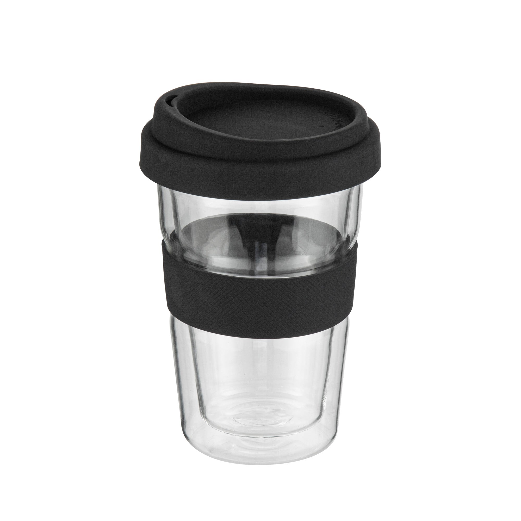 Forma Professional 14 oz Glass Travel Mug - Double Wall, Borosilicate, with Black Lid and Sleeve - 10 count box