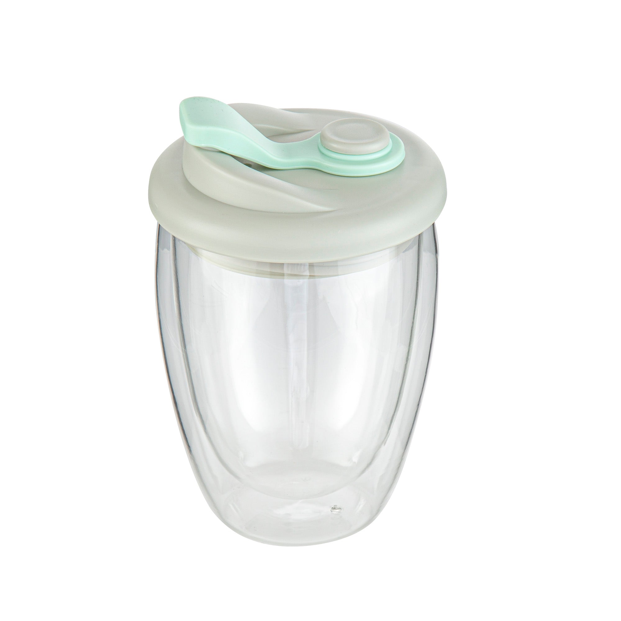 Forma Professional 12 oz Glass Travel Mug - Double Wall, Borosilicate, with Gray and Green Lid - 10 count box