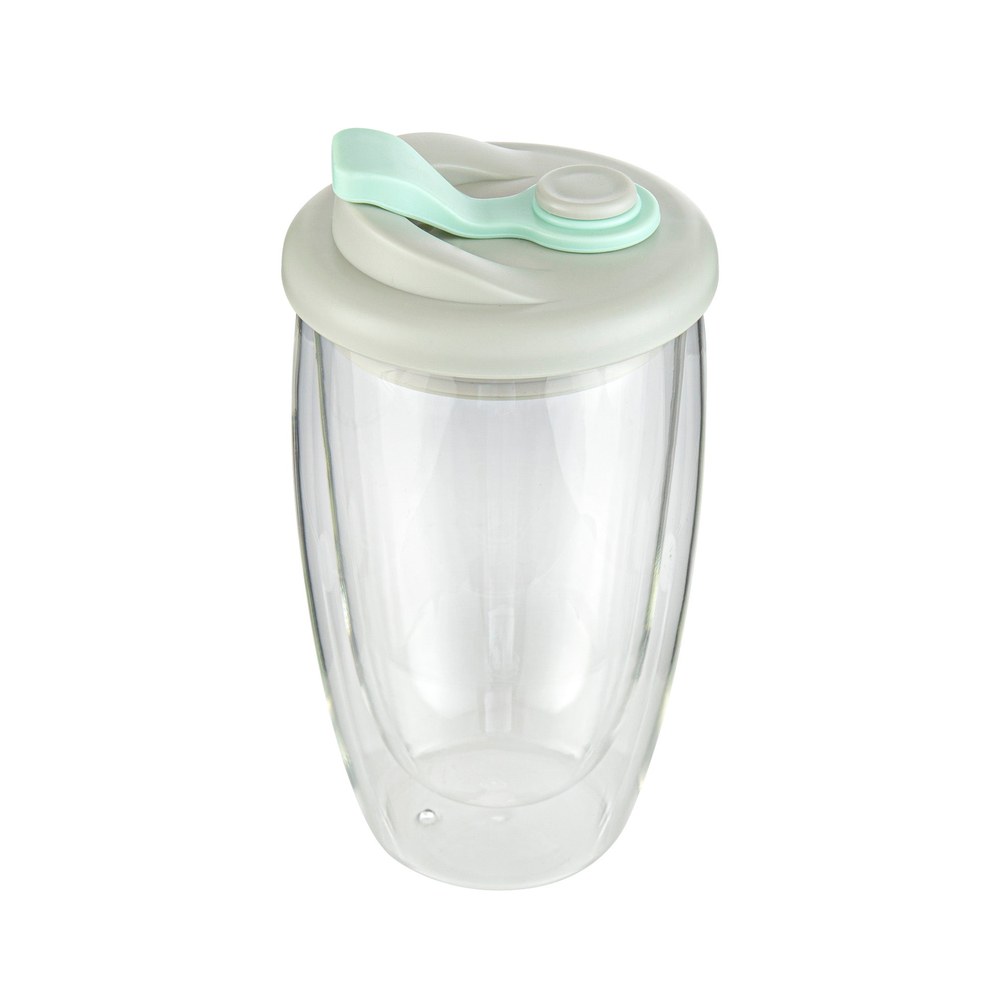 Forma Professional 15 oz Glass Travel Mug - Double Wall, Borosilicate, with Gray and Green Lid - 10 count box