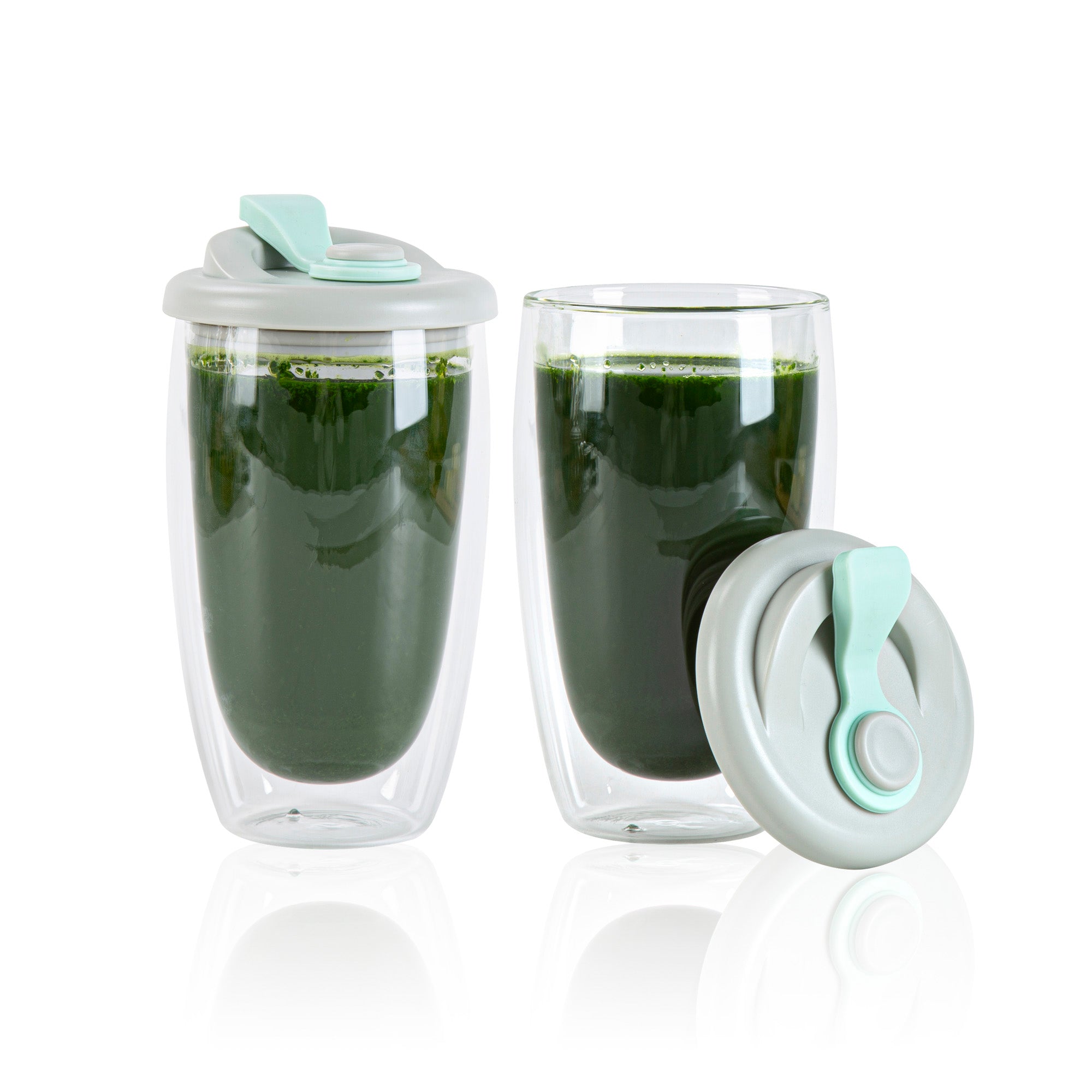 Forma Professional 15 oz Glass Travel Mug - Double Wall, Borosilicate, with Gray and Green Lid - 10 count box