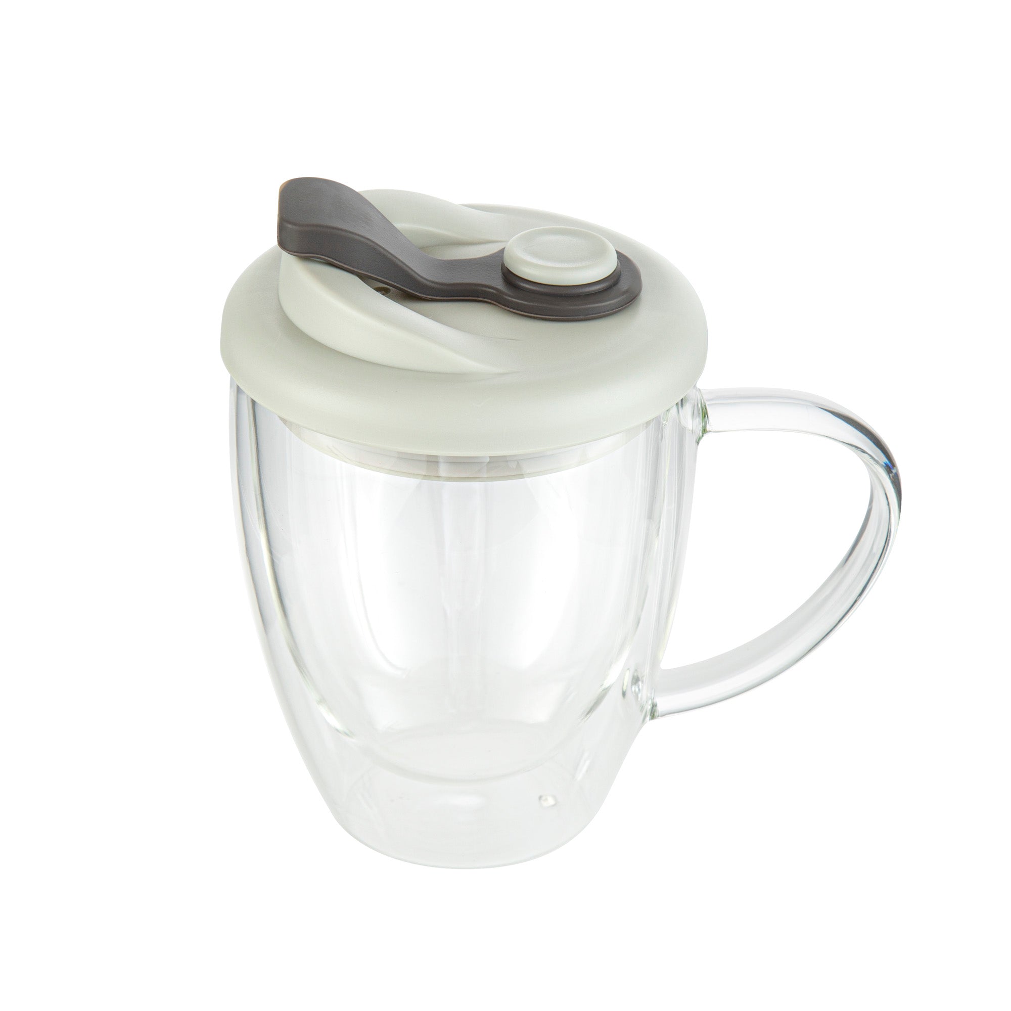 Forma Professional 12 oz Glass Travel Mug - Double Wall, Borosilicate, with Handle and Gray Lid - 10 count box