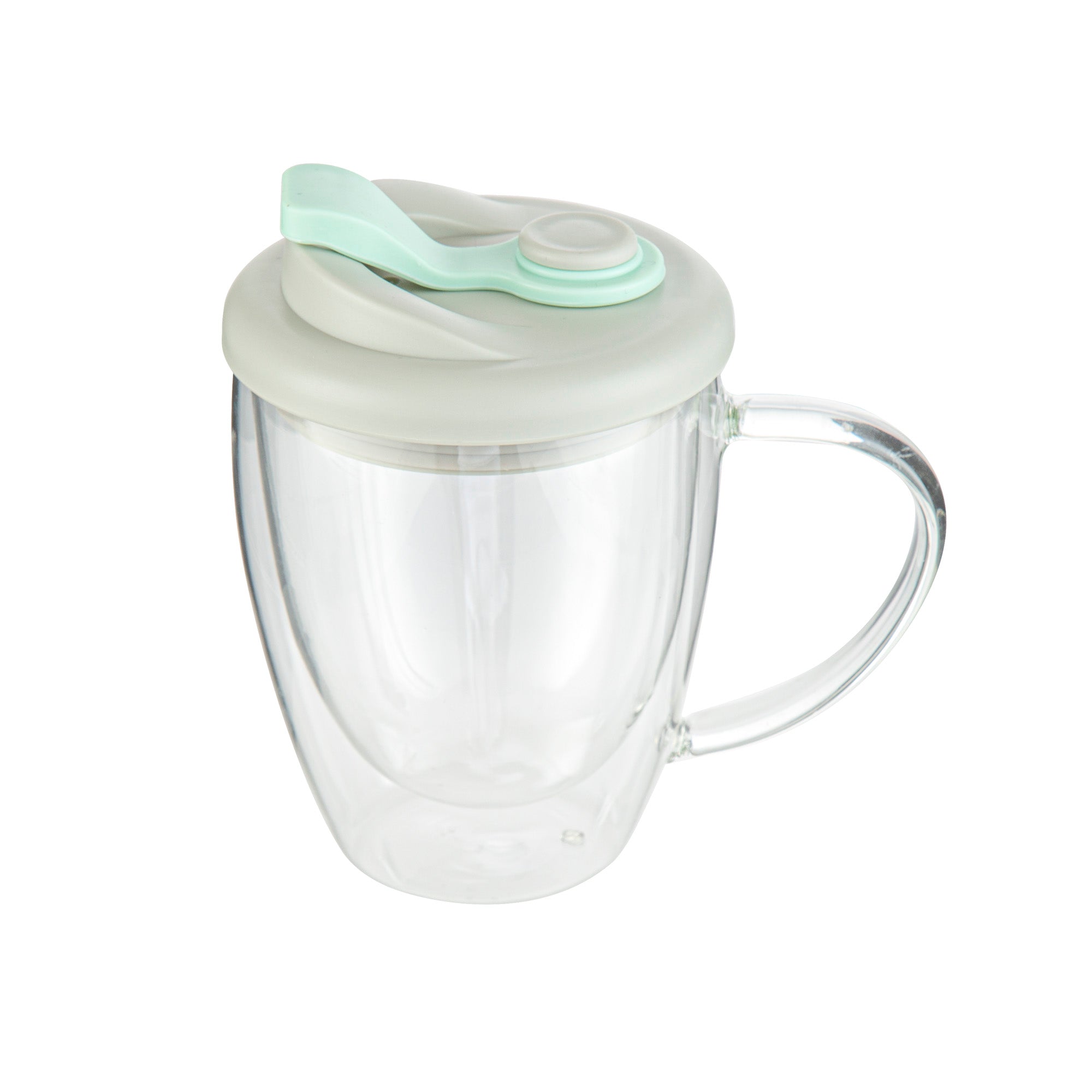 Forma Professional 12 oz Glass Travel Mug - Double Wall, Borosilicate, with Handle and Gray and Green Lid - 10 count box