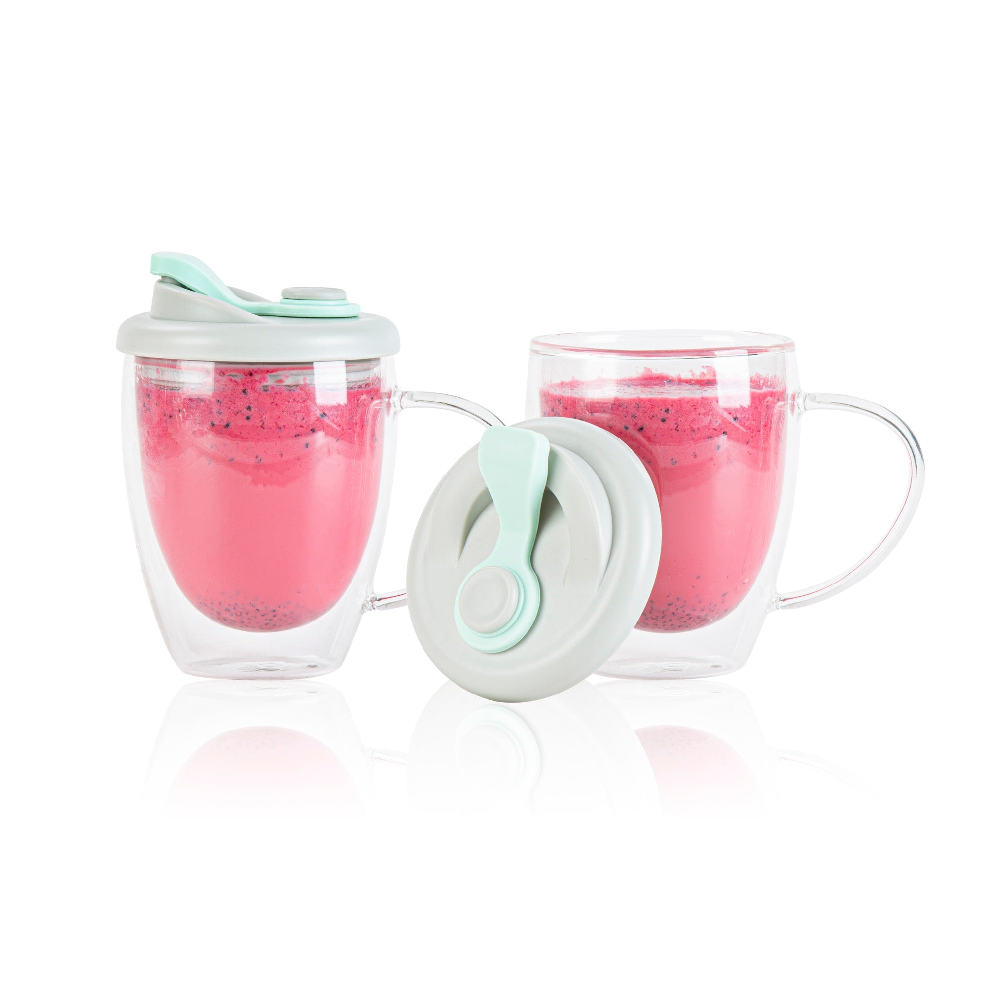 Forma Professional 12 oz Glass Travel Mug - Double Wall, Borosilicate, with Handle and Gray and Green Lid - 10 count box