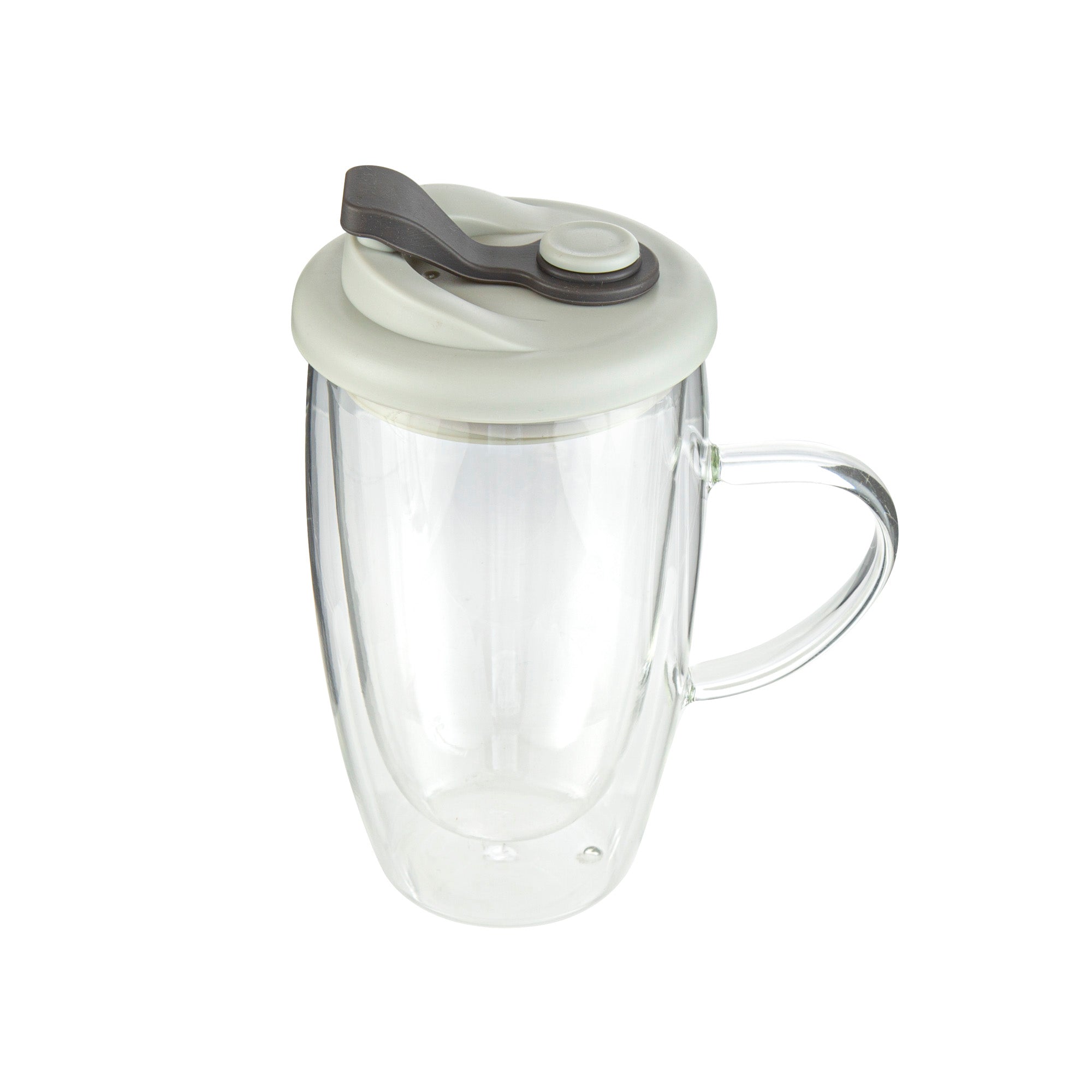 Forma Professional 15 oz Glass Travel Mug - Double Wall, Borosilicate, with Handle and Gray Lid - 10 count box