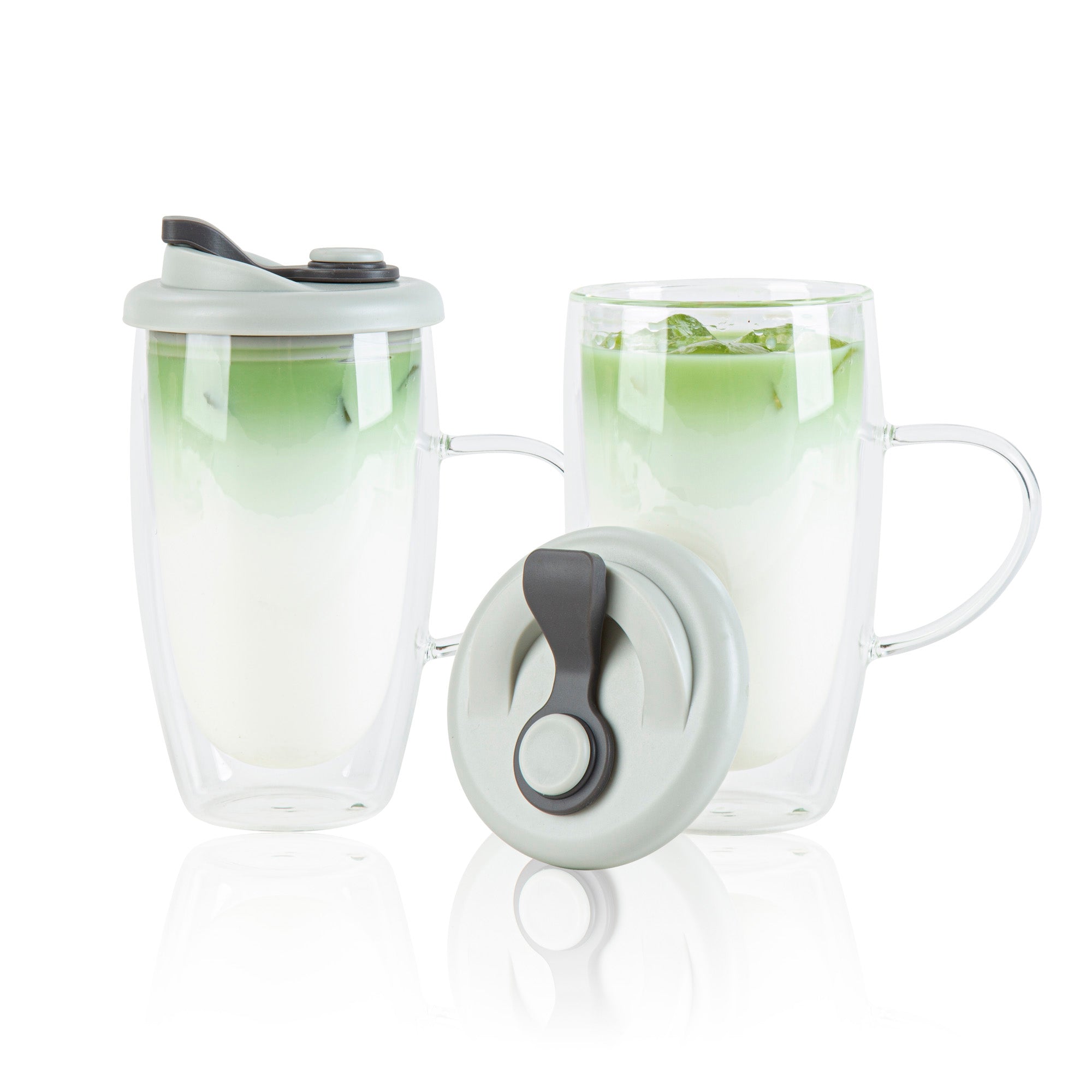 Forma Professional 15 oz Glass Travel Mug - Double Wall, Borosilicate, with Handle and Gray Lid - 10 count box