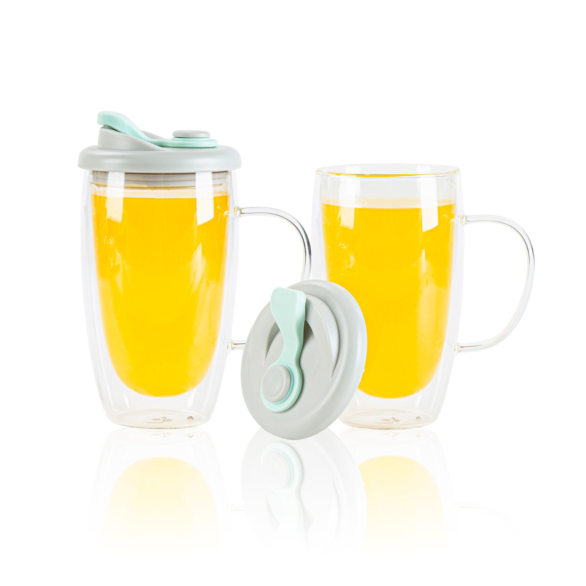 Forma Professional 15 oz Glass Travel Mug - Double Wall, Borosilicate, with Handle and Gray and Green Lid - 10 count box