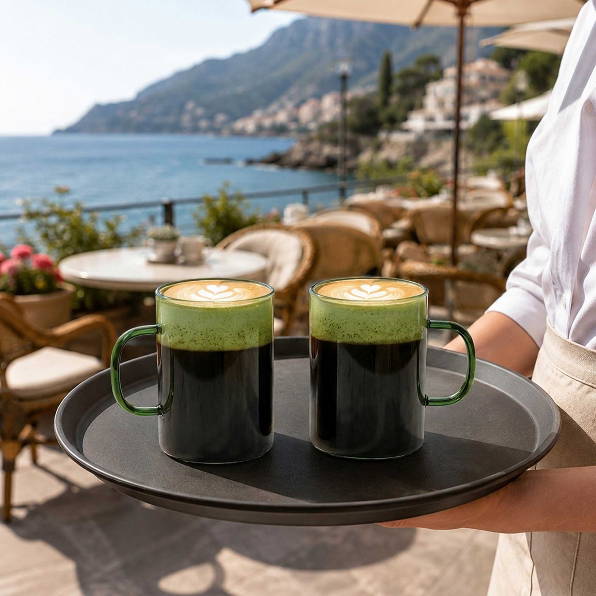 Forma Professional 7 oz Green Glass Coffee Mug - Borosilicate, with Handle - 2 1/2" x 2 1/2" x 3 1/2" - 12 count box
