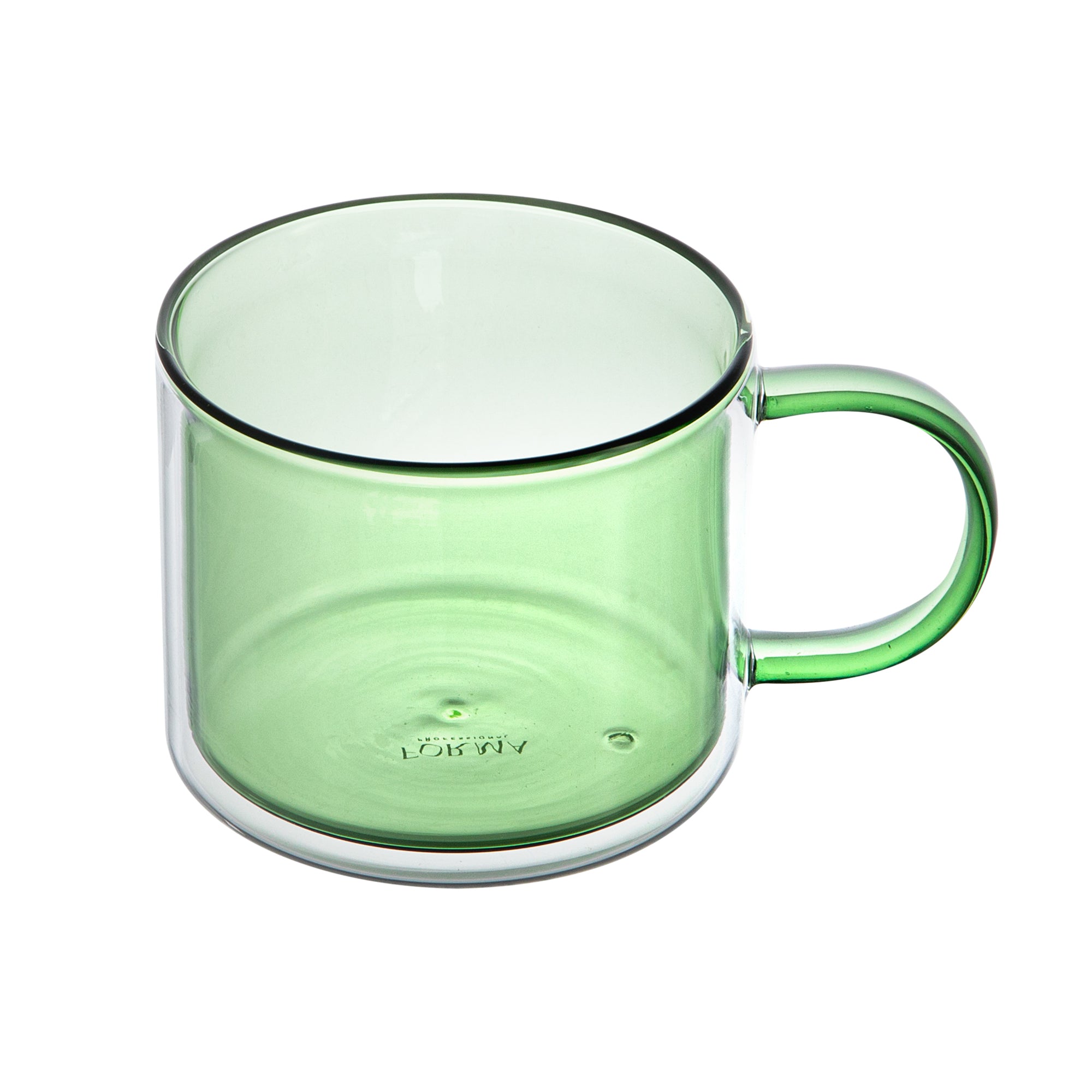 Forma Professional 11 oz Green Glass Coffee Mug - Double Wall, Borosilicate, with Handle - 3 1/2" x 3 1/2" x 3" - 12 count box