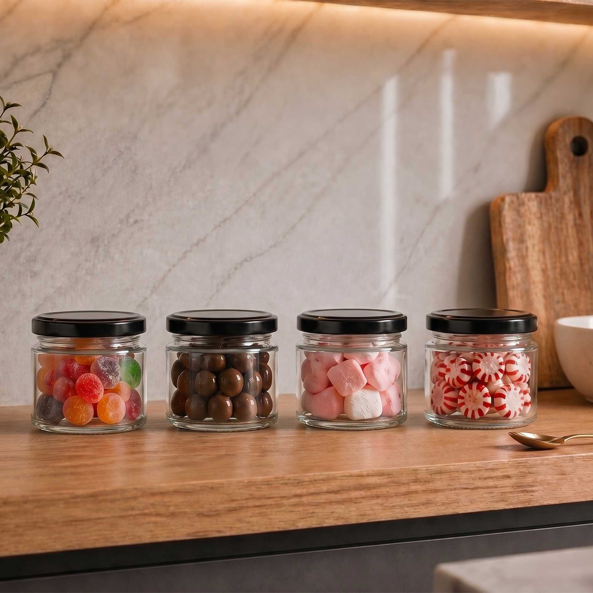Vetri 6 oz Clear Glass Jar - with Black Metal Lid - 2 1/2" x 2 1/2" x 2 3/4" - 100 count box