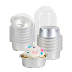 Pastry Tek 2 oz Round Silver Aluminum Baking Cup - with Plastic Dome Lid - 2 3/4