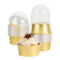 Pastry Tek 4 oz Round Gold Aluminum Baking Cup - with Plastic Dome Lid - 3 1/2