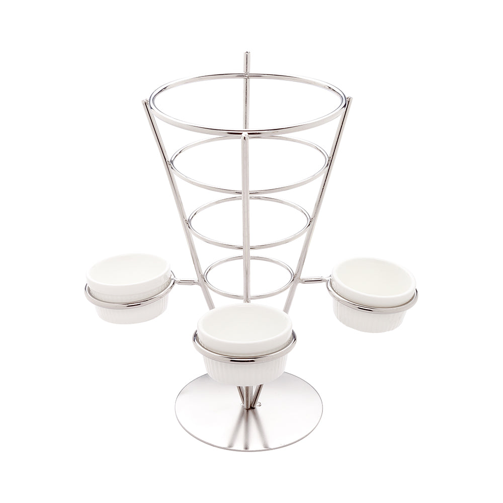 Cone Tek Silver Stainless Steel Medium Fry and Snack Cone Stand - 3 Sauce Holders - 4 1/4" x 4 1/4" x 8" - 1 count box