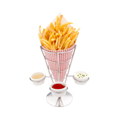 Cone Tek Silver Stainless Steel Medium Fry and Snack Cone Stand - 3 Sauce Holders - 4 1/4