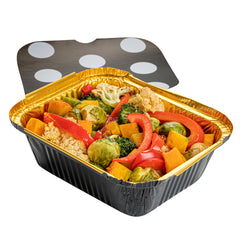 Foil Lux 12 oz Rectangle Black and Gold Aluminum Take Out Container - with Polka Dot Paper Lid - 5 3/4