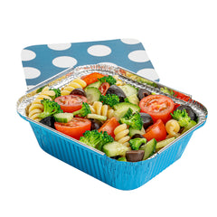 Foil Lux 12 oz Rectangle Blue Aluminum Take Out Container - with Polka Dot Paper Lid - 5 3/4