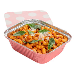 Foil Lux 12 oz Rectangle Pink Aluminum Take Out Container - with Polka Dot Paper Lid - 5 3/4