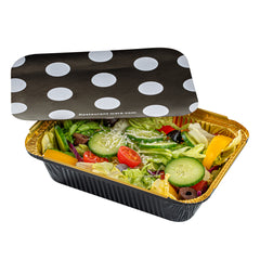 Foil Lux 16 oz Rectangle Black and Gold Aluminum Take Out Container - Polka Dot Paper Lid - 7 1/4