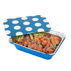 Foil Lux 16 oz Rectangle Blue Aluminum Take Out Container - with Polka Dot Paper Lid - 7 1/4