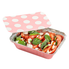 Foil Lux 16 oz Rectangle Pink Aluminum Take Out Container - with Polka Dot Paper Lid - 7 1/4