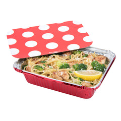 Foil Lux 16 oz Rectangle Red Aluminum Take Out Container - Polka Dot Paper Lid - 7 1/4