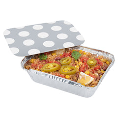 Foil Lux 16 oz Rectangle Silver Aluminum Take Out Container - with Polka Dot Paper Lid - 7 1/4